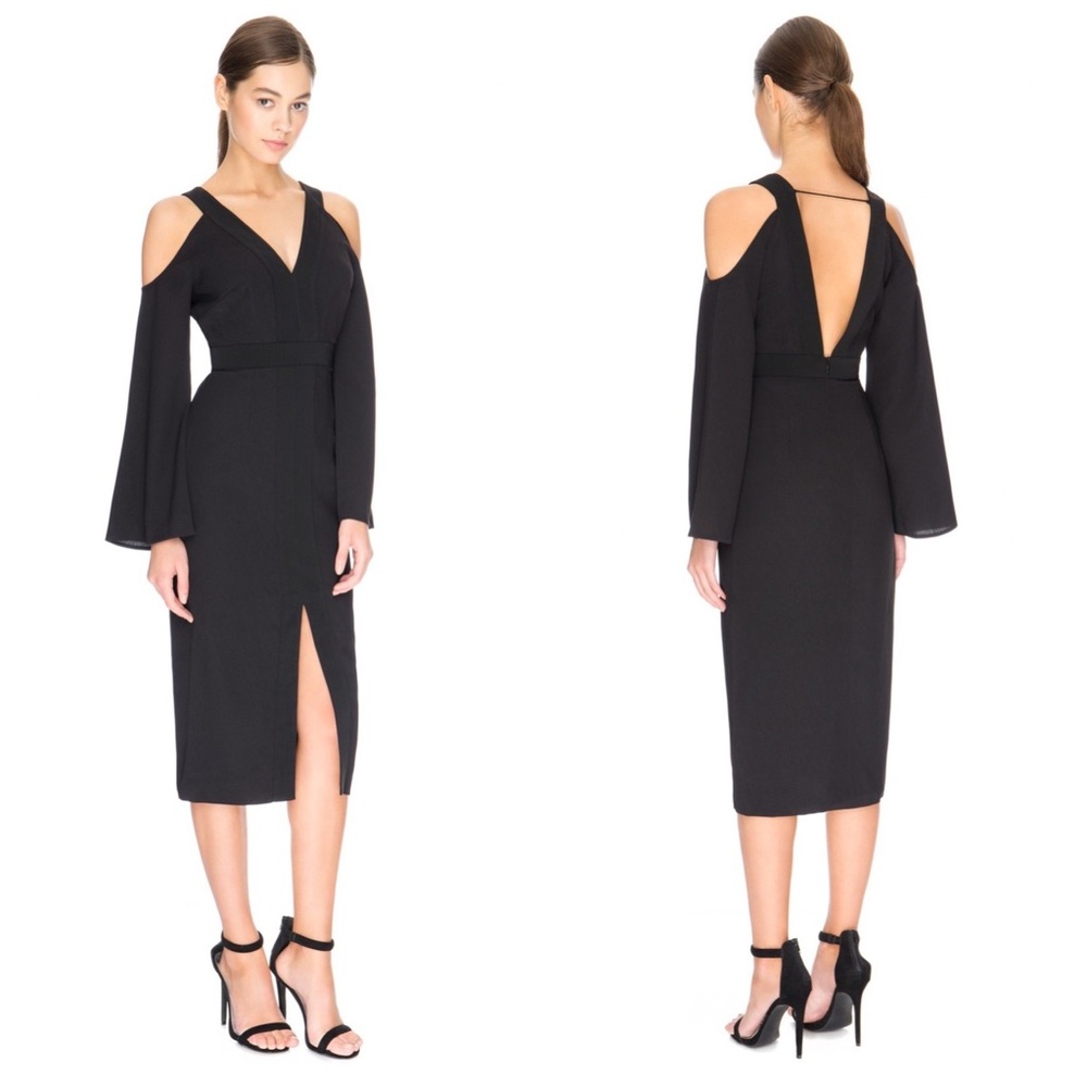 Black Cold-Shoulder V-Neck Midi Dress